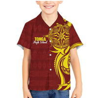Personalised Tonga High School Family Matching Mermaid Dress and Hawaiian Shirt THS Tongan Ngatu Pattern LT14 Son's Shirt Maroon - Polynesian Pride
