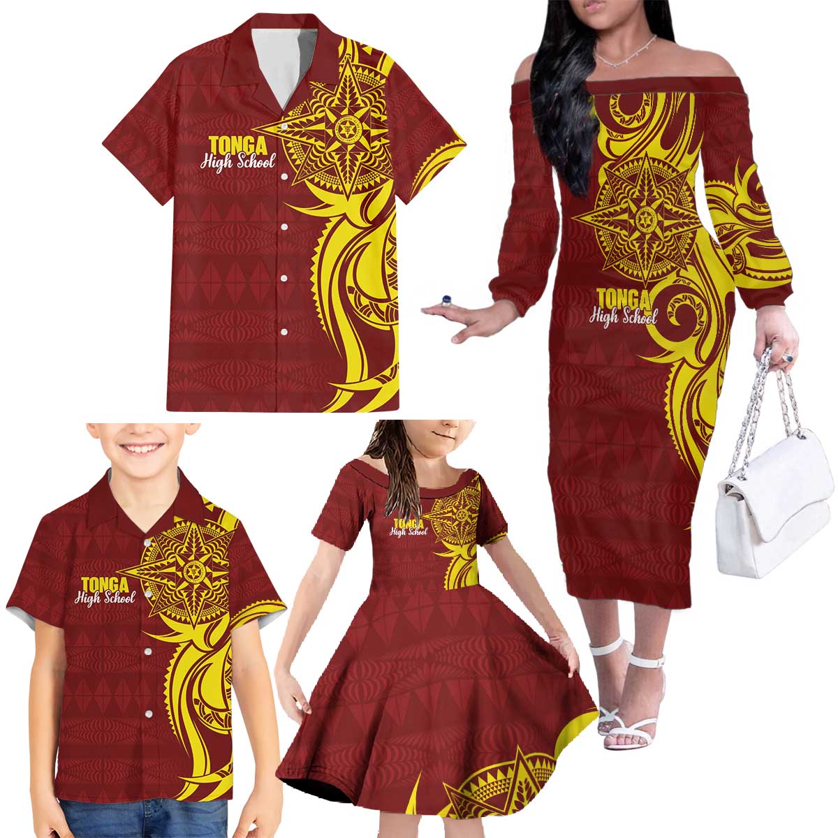 Personalised Tonga High School Family Matching Off The Shoulder Long Sleeve Dress and Hawaiian Shirt THS Tongan Ngatu Pattern LT14 - Polynesian Pride