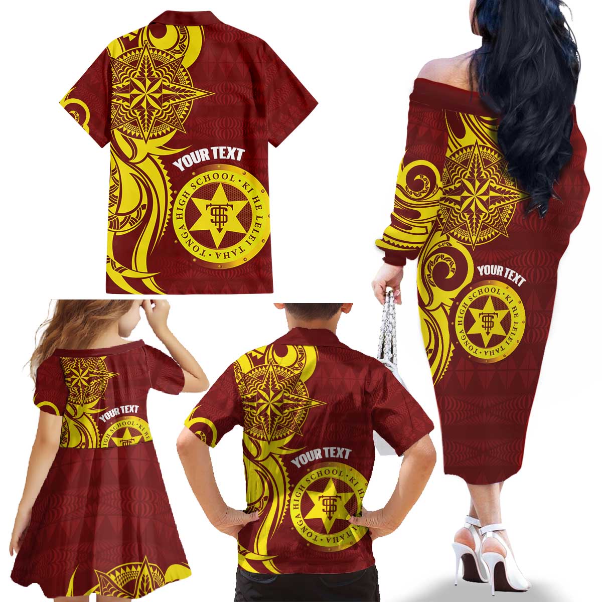 Personalised Tonga High School Family Matching Off The Shoulder Long Sleeve Dress and Hawaiian Shirt THS Tongan Ngatu Pattern LT14 - Polynesian Pride