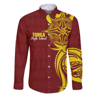 Personalised Tonga High School Family Matching Off The Shoulder Long Sleeve Dress and Hawaiian Shirt THS Tongan Ngatu Pattern LT14 Dad's Shirt - Long Sleeve Maroon - Polynesian Pride