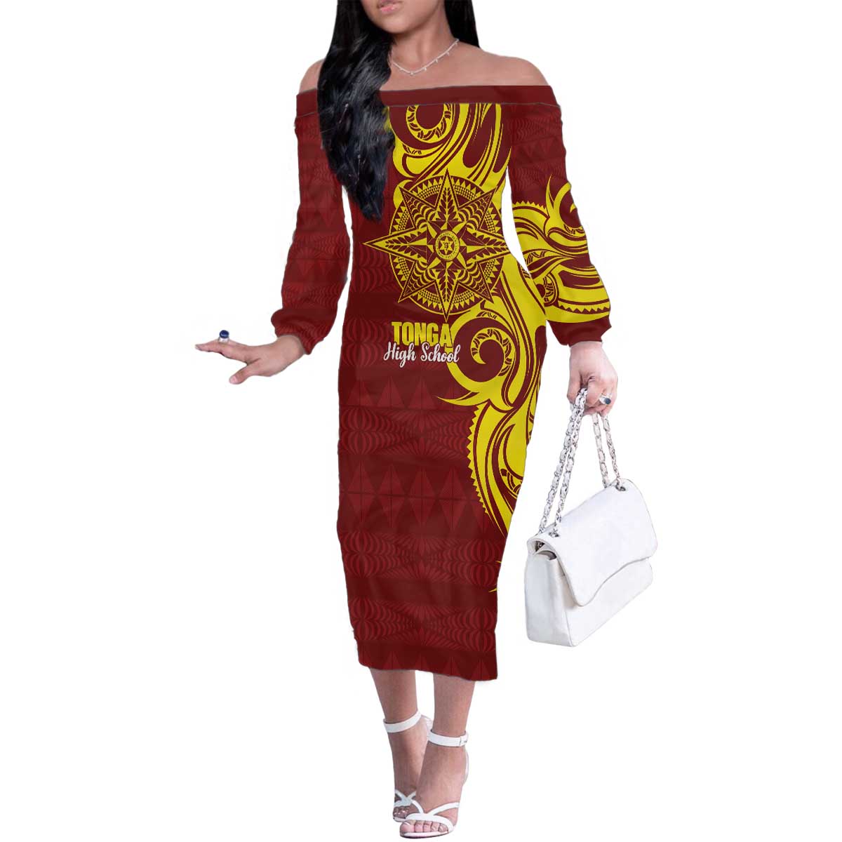 Personalised Tonga High School Family Matching Off The Shoulder Long Sleeve Dress and Hawaiian Shirt THS Tongan Ngatu Pattern LT14 Mom's Dress Maroon - Polynesian Pride