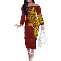 Personalised Tonga High School Family Matching Off The Shoulder Long Sleeve Dress and Hawaiian Shirt THS Tongan Ngatu Pattern LT14 Mom's Dress Maroon - Polynesian Pride