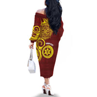 Personalised Tonga High School Family Matching Off The Shoulder Long Sleeve Dress and Hawaiian Shirt THS Tongan Ngatu Pattern LT14 - Polynesian Pride