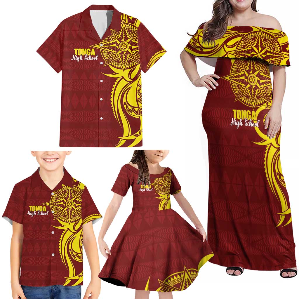 Personalised Tonga High School Family Matching Off Shoulder Maxi Dress and Hawaiian Shirt THS Tongan Ngatu Pattern LT14 - Polynesian Pride