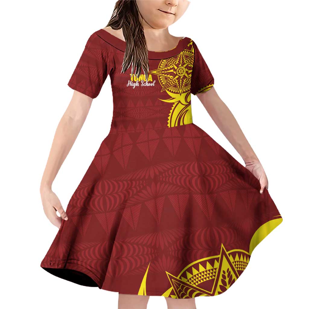 Personalised Tonga High School Family Matching Off Shoulder Short Dress and Hawaiian Shirt THS Tongan Ngatu Pattern LT14 Daughter's Dress Maroon - Polynesian Pride