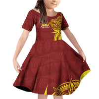 Personalised Tonga High School Family Matching Off Shoulder Short Dress and Hawaiian Shirt THS Tongan Ngatu Pattern LT14 Daughter's Dress Maroon - Polynesian Pride