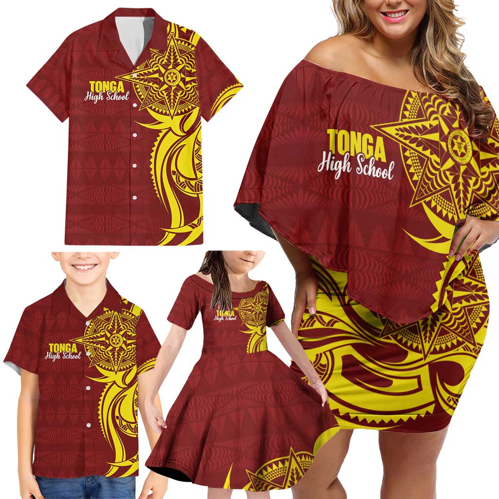 Personalised Tonga High School Family Matching Off Shoulder Short Dress and Hawaiian Shirt THS Tongan Ngatu Pattern LT14 - Polynesian Pride
