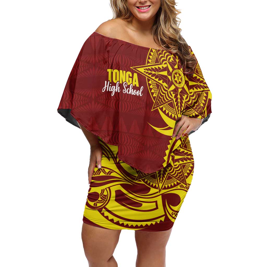 Personalised Tonga High School Family Matching Off Shoulder Short Dress and Hawaiian Shirt THS Tongan Ngatu Pattern LT14 Mom's Dress Maroon - Polynesian Pride