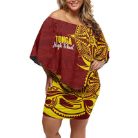 Personalised Tonga High School Family Matching Off Shoulder Short Dress and Hawaiian Shirt THS Tongan Ngatu Pattern LT14 Mom's Dress Maroon - Polynesian Pride