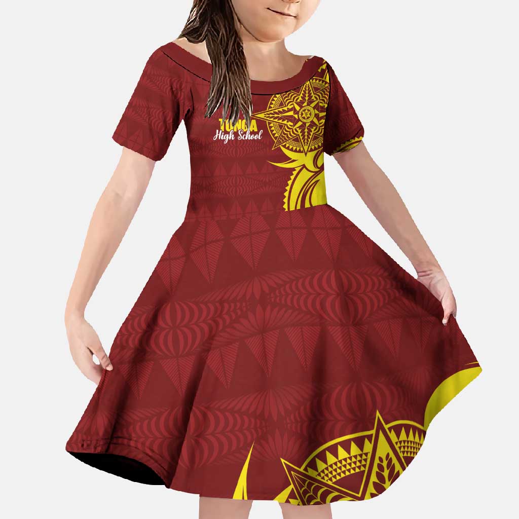 Personalised Tonga High School Family Matching Short Sleeve Bodycon Dress and Hawaiian Shirt THS Tongan Ngatu Pattern LT14 Daughter's Dress Maroon - Polynesian Pride