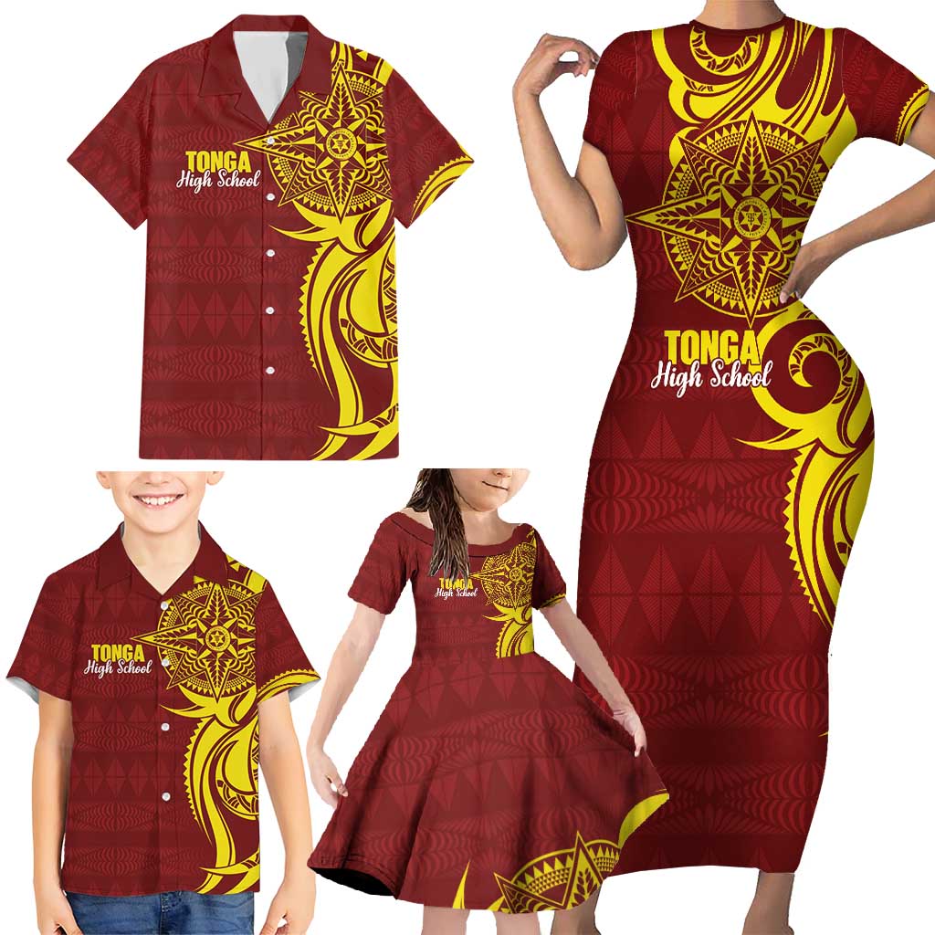 Personalised Tonga High School Family Matching Short Sleeve Bodycon Dress and Hawaiian Shirt THS Tongan Ngatu Pattern LT14 - Polynesian Pride