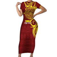 Personalised Tonga High School Family Matching Short Sleeve Bodycon Dress and Hawaiian Shirt THS Tongan Ngatu Pattern LT14 Mom's Dress Maroon - Polynesian Pride