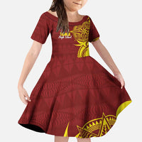 Personalised Tonga High School Family Matching Summer Maxi Dress and Hawaiian Shirt THS Tongan Ngatu Pattern LT14 Daughter's Dress Maroon - Polynesian Pride