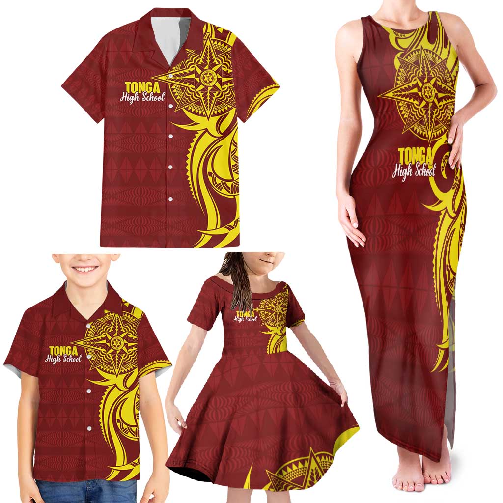 Personalised Tonga High School Family Matching Tank Maxi Dress and Hawaiian Shirt THS Tongan Ngatu Pattern LT14 - Polynesian Pride