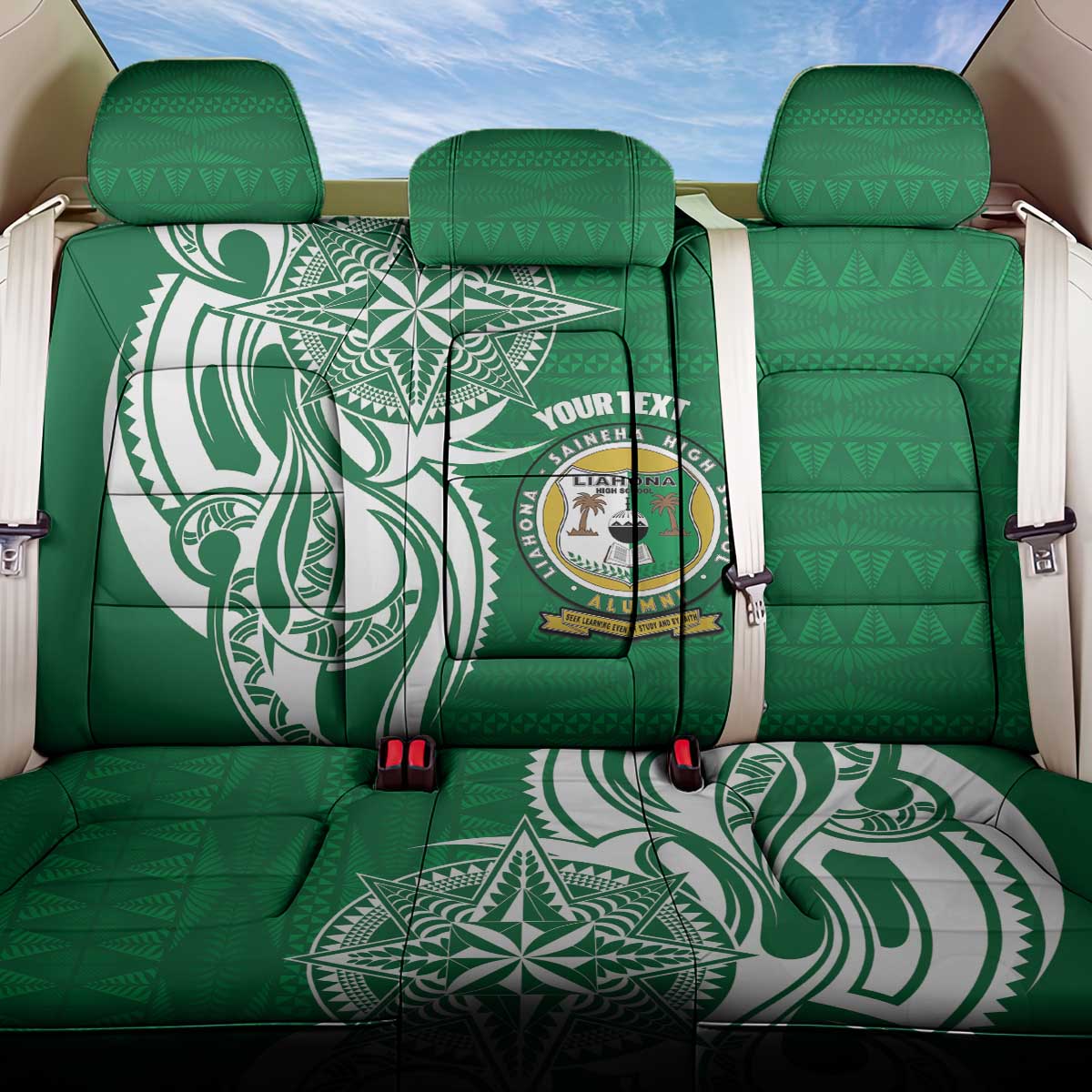 Personalised Liahona - Saineha High School Back Car Seat Cover Tongan Ngatu Pattern - Polynesian Pride