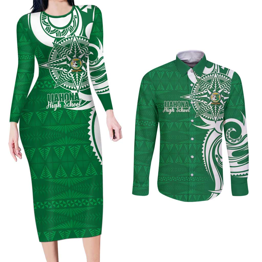 Personalised Liahona - Saineha High School Couples Matching Long Sleeve Bodycon Dress and Long Sleeve Button Shirt Tongan Ngatu Pattern LT14 Green - Polynesian Pride