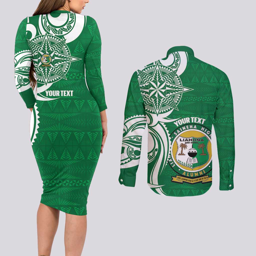 Personalised Liahona - Saineha High School Couples Matching Long Sleeve Bodycon Dress and Long Sleeve Button Shirt Tongan Ngatu Pattern LT14 - Polynesian Pride