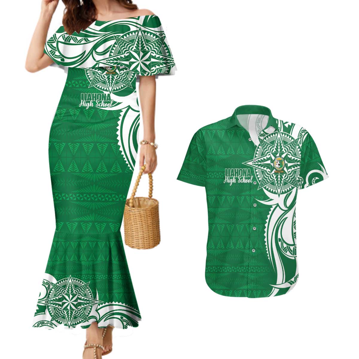 Personalised Liahona - Saineha High School Couples Matching Mermaid Dress and Hawaiian Shirt Tongan Ngatu Pattern LT14 Green - Polynesian Pride
