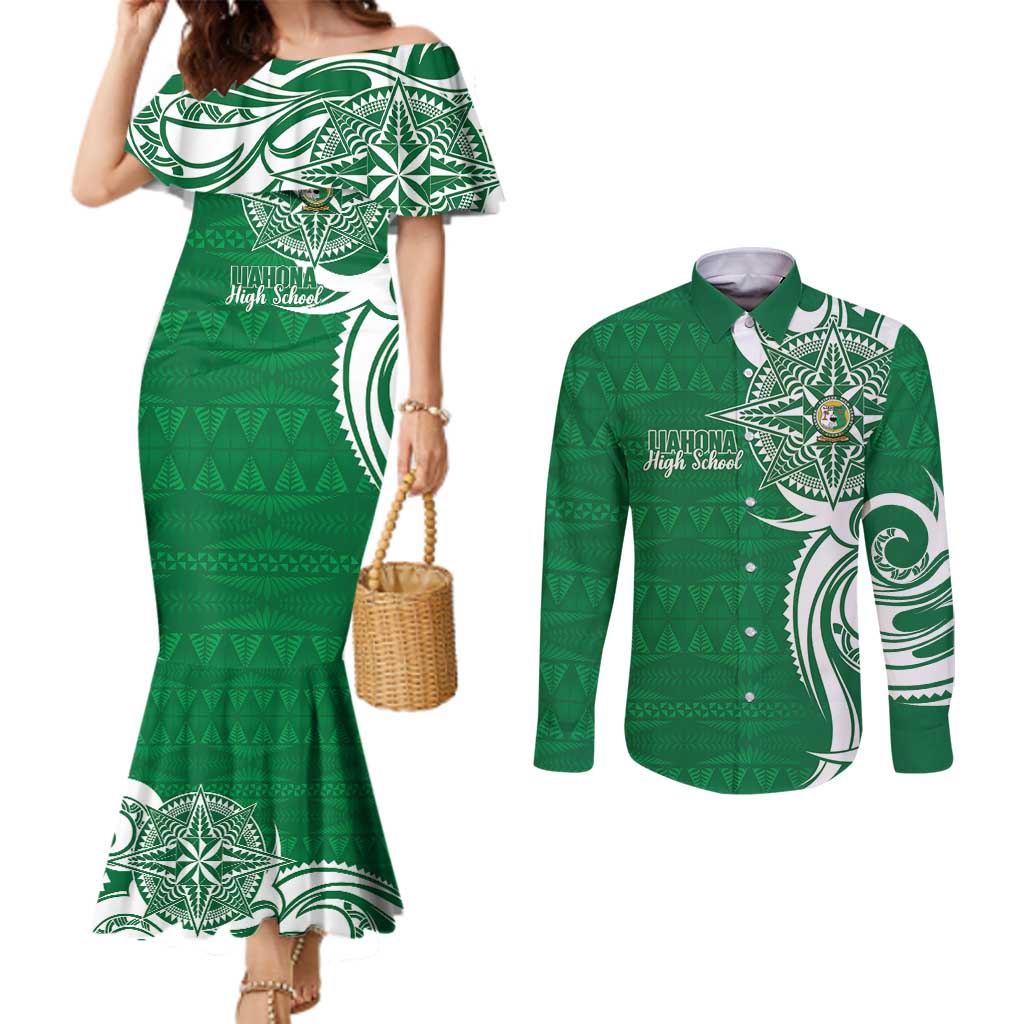 Personalised Liahona - Saineha High School Couples Matching Mermaid Dress and Long Sleeve Button Shirt Tongan Ngatu Pattern LT14 Green - Polynesian Pride