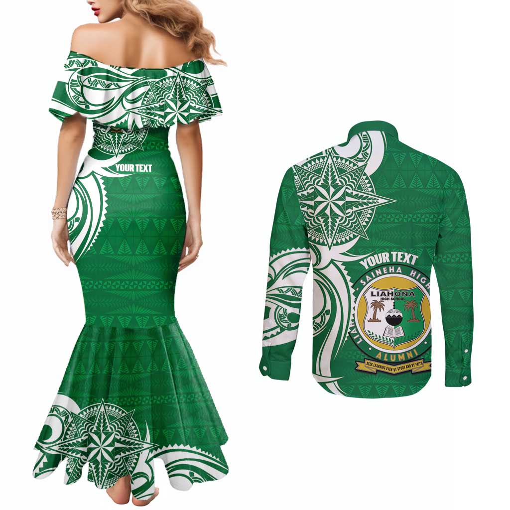 Personalised Liahona - Saineha High School Couples Matching Mermaid Dress and Long Sleeve Button Shirt Tongan Ngatu Pattern LT14 - Polynesian Pride