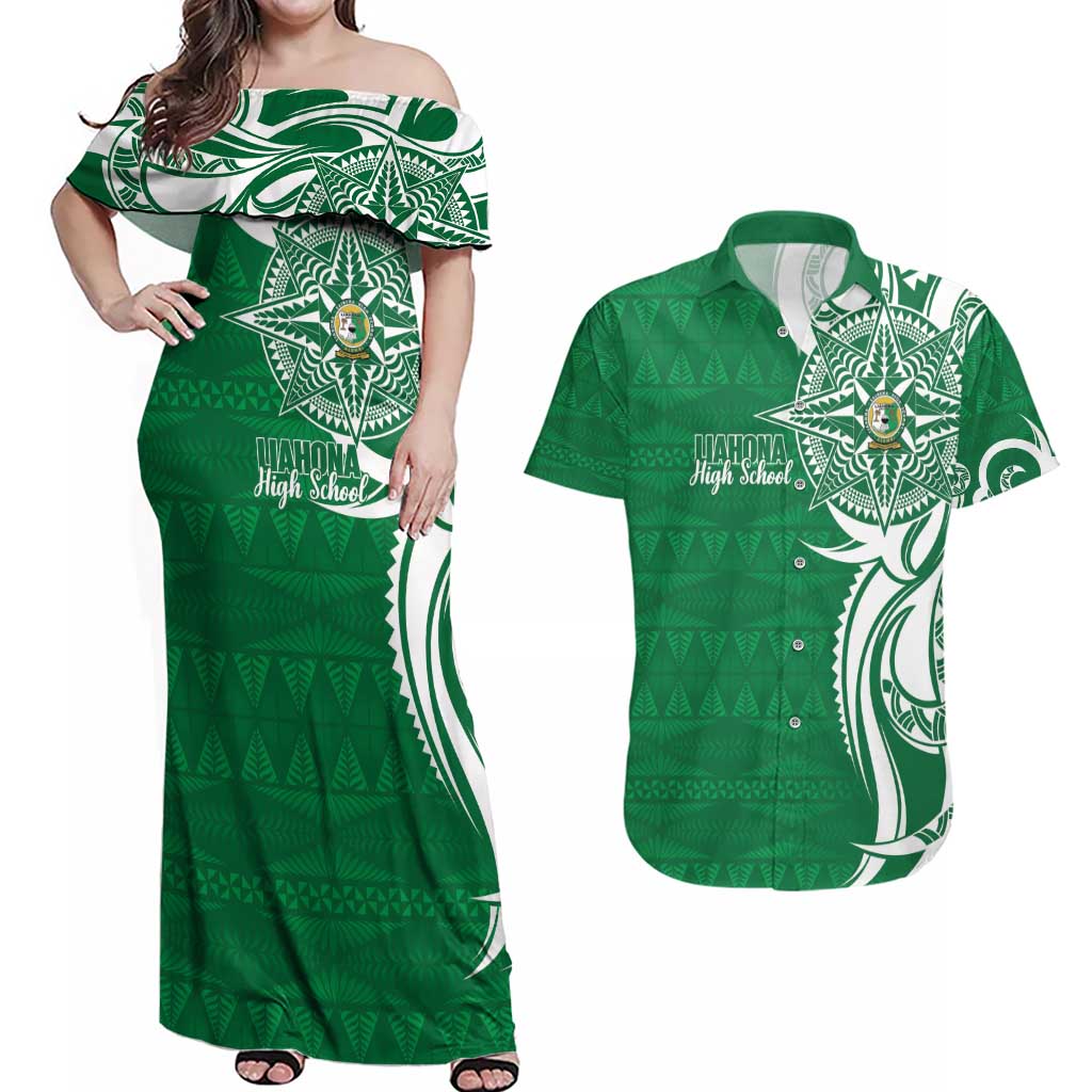 Personalised Liahona - Saineha High School Couples Matching Off Shoulder Maxi Dress and Hawaiian Shirt Tongan Ngatu Pattern LT14 Green - Polynesian Pride