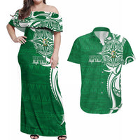 Personalised Liahona - Saineha High School Couples Matching Off Shoulder Maxi Dress and Hawaiian Shirt Tongan Ngatu Pattern LT14 Green - Polynesian Pride