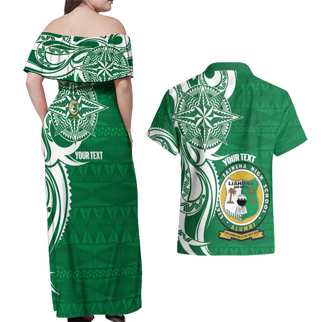 Personalised Liahona - Saineha High School Couples Matching Off Shoulder Maxi Dress and Hawaiian Shirt Tongan Ngatu Pattern LT14 - Polynesian Pride