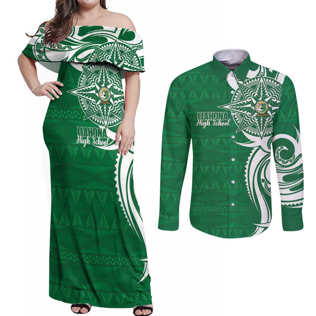 Personalised Liahona - Saineha High School Couples Matching Off Shoulder Maxi Dress and Long Sleeve Button Shirt Tongan Ngatu Pattern LT14 Green - Polynesian Pride
