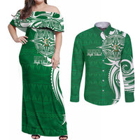 Personalised Liahona - Saineha High School Couples Matching Off Shoulder Maxi Dress and Long Sleeve Button Shirt Tongan Ngatu Pattern LT14 Green - Polynesian Pride