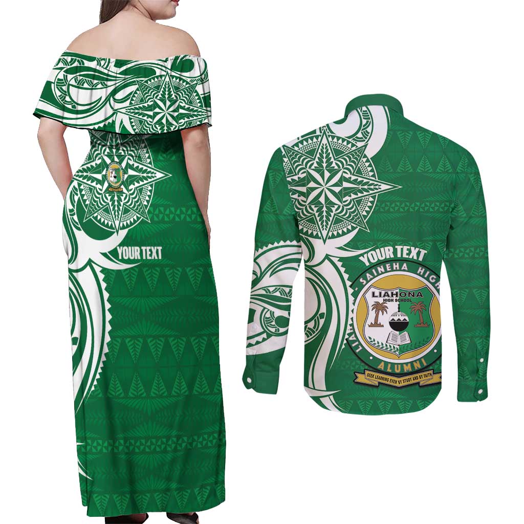 Personalised Liahona - Saineha High School Couples Matching Off Shoulder Maxi Dress and Long Sleeve Button Shirt Tongan Ngatu Pattern LT14 - Polynesian Pride
