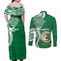 Personalised Liahona - Saineha High School Couples Matching Off Shoulder Maxi Dress and Long Sleeve Button Shirt Tongan Ngatu Pattern LT14 - Polynesian Pride