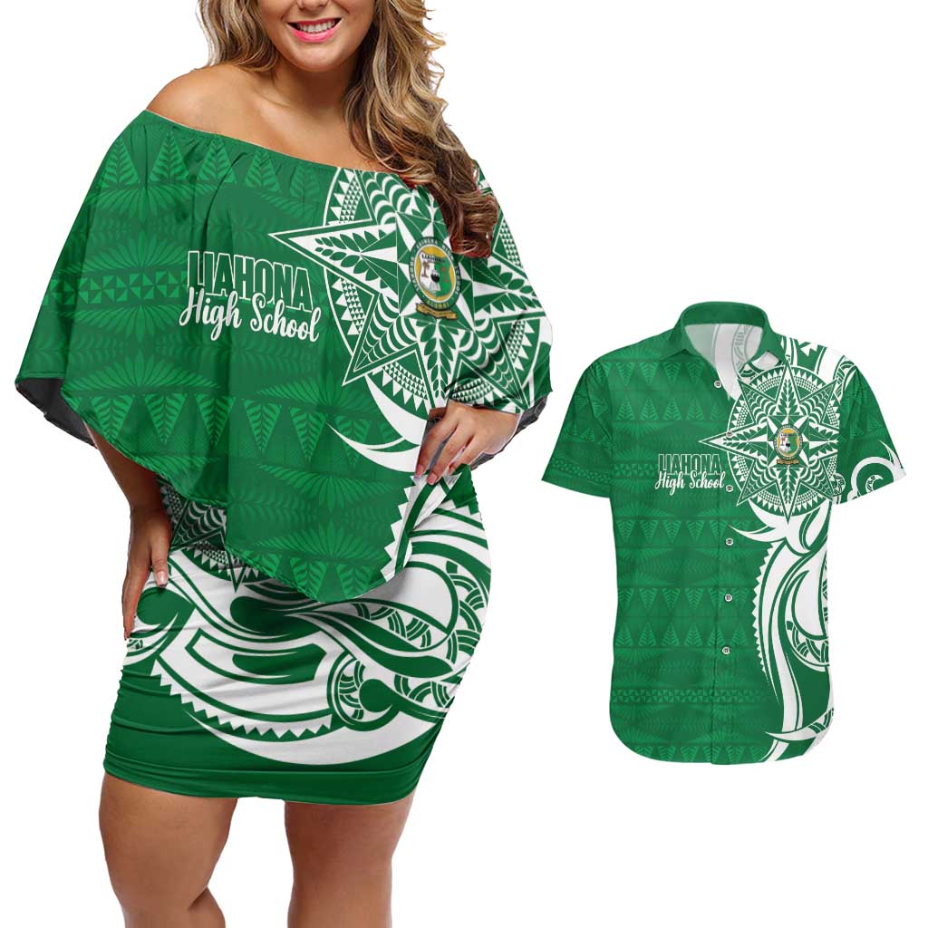 Personalised Liahona - Saineha High School Couples Matching Off Shoulder Short Dress and Hawaiian Shirt Tongan Ngatu Pattern LT14 Green - Polynesian Pride