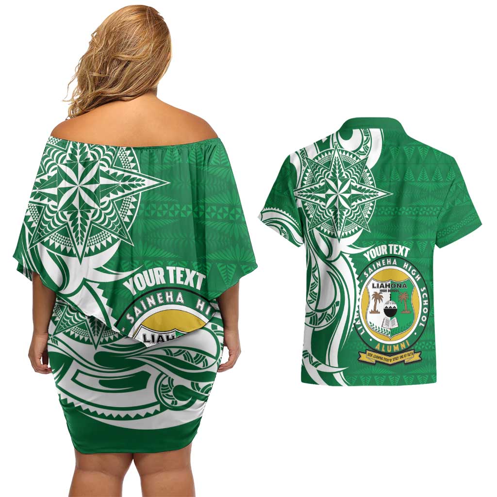 Personalised Liahona - Saineha High School Couples Matching Off Shoulder Short Dress and Hawaiian Shirt Tongan Ngatu Pattern LT14 - Polynesian Pride