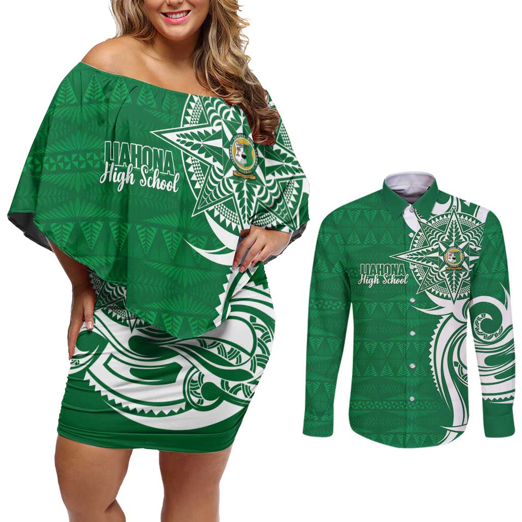 Personalised Liahona - Saineha High School Couples Matching Off Shoulder Short Dress and Long Sleeve Button Shirt Tongan Ngatu Pattern LT14 Green - Polynesian Pride