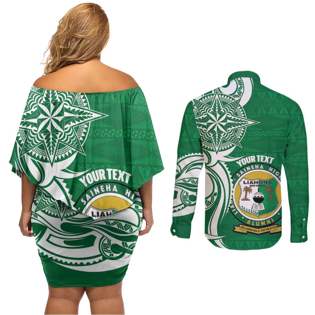 Personalised Liahona - Saineha High School Couples Matching Off Shoulder Short Dress and Long Sleeve Button Shirt Tongan Ngatu Pattern LT14 - Polynesian Pride