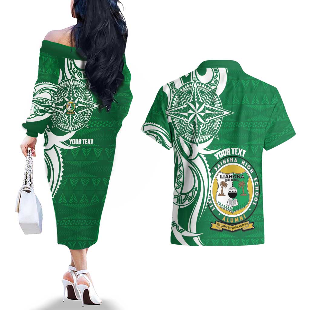 Personalised Liahona - Saineha High School Couples Matching Off The Shoulder Long Sleeve Dress and Hawaiian Shirt Tongan Ngatu Pattern LT14 - Polynesian Pride