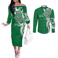 Personalised Liahona - Saineha High School Couples Matching Off The Shoulder Long Sleeve Dress and Long Sleeve Button Shirt Tongan Ngatu Pattern LT14 Green - Polynesian Pride