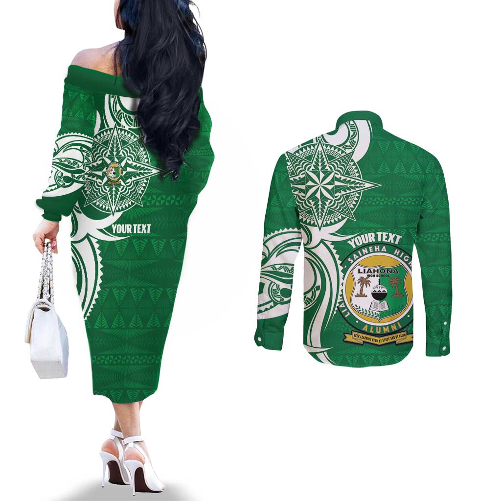 Personalised Liahona - Saineha High School Couples Matching Off The Shoulder Long Sleeve Dress and Long Sleeve Button Shirt Tongan Ngatu Pattern LT14 - Polynesian Pride