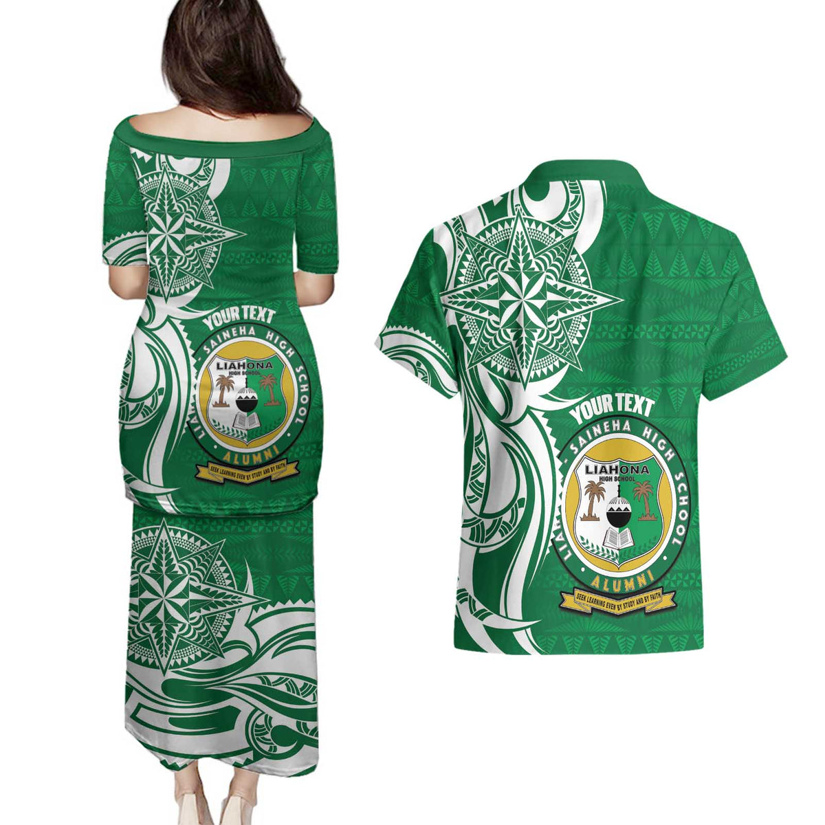Personalised Liahona - Saineha High School Couples Matching Puletasi and Hawaiian Shirt Tongan Ngatu Pattern LT14 - Polynesian Pride