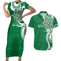 Personalised Liahona - Saineha High School Couples Matching Short Sleeve Bodycon Dress and Hawaiian Shirt Tongan Ngatu Pattern LT14 Green - Polynesian Pride