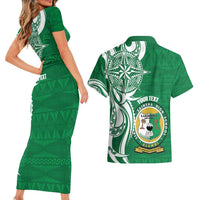 Personalised Liahona - Saineha High School Couples Matching Short Sleeve Bodycon Dress and Hawaiian Shirt Tongan Ngatu Pattern LT14 - Polynesian Pride