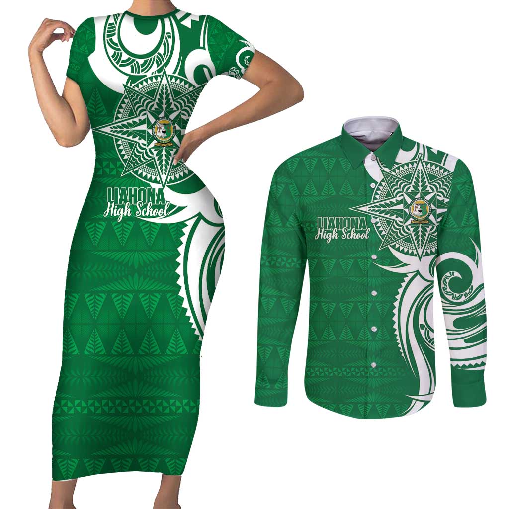 Personalised Liahona - Saineha High School Couples Matching Short Sleeve Bodycon Dress and Long Sleeve Button Shirt Tongan Ngatu Pattern LT14 Green - Polynesian Pride