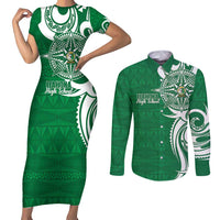 Personalised Liahona - Saineha High School Couples Matching Short Sleeve Bodycon Dress and Long Sleeve Button Shirt Tongan Ngatu Pattern LT14 Green - Polynesian Pride