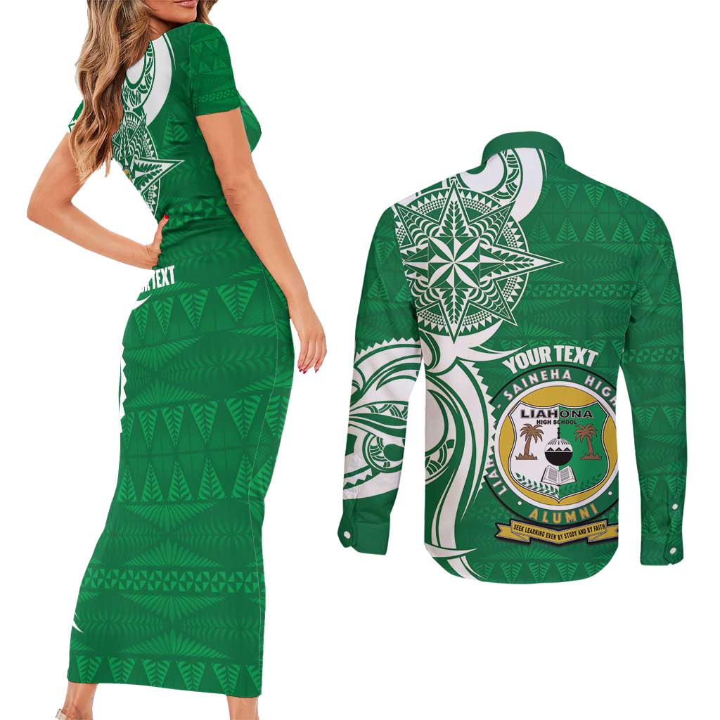 Personalised Liahona - Saineha High School Couples Matching Short Sleeve Bodycon Dress and Long Sleeve Button Shirt Tongan Ngatu Pattern LT14 - Polynesian Pride