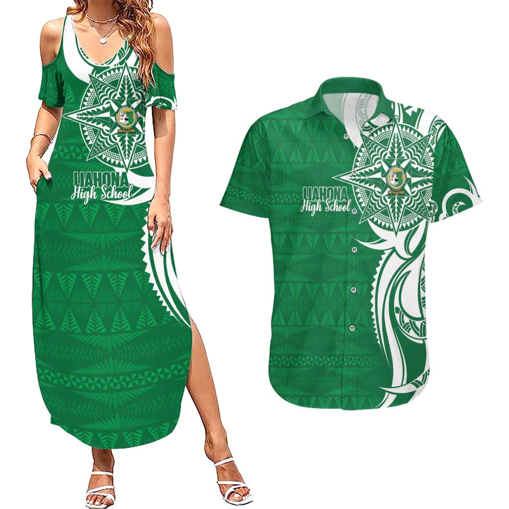 Personalised Liahona - Saineha High School Couples Matching Summer Maxi Dress and Hawaiian Shirt Tongan Ngatu Pattern LT14 Green - Polynesian Pride