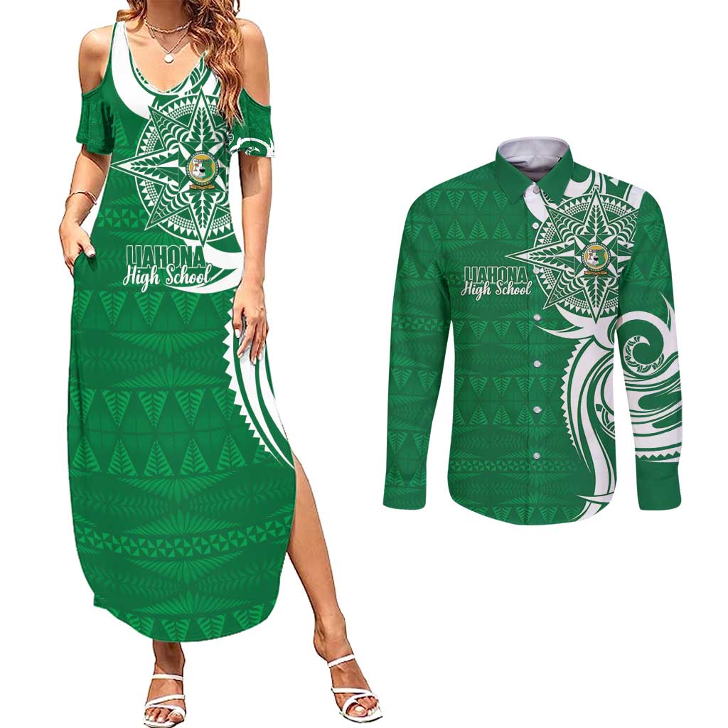Personalised Liahona - Saineha High School Couples Matching Summer Maxi Dress and Long Sleeve Button Shirt Tongan Ngatu Pattern LT14 Green - Polynesian Pride