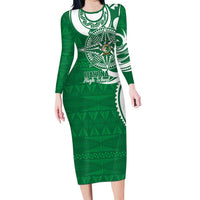 Personalised Liahona - Saineha High School Family Matching Long Sleeve Bodycon Dress and Hawaiian Shirt Tongan Ngatu Pattern LT14 Mom's Dress Green - Polynesian Pride