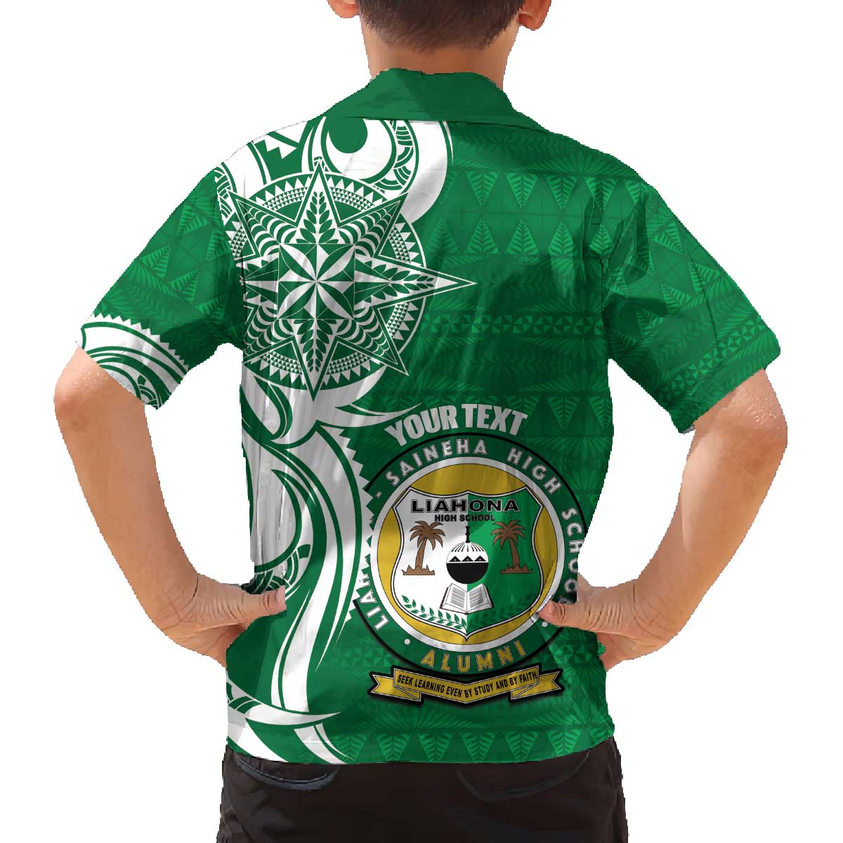Personalised Liahona - Saineha High School Family Matching Off The Shoulder Long Sleeve Dress and Hawaiian Shirt Tongan Ngatu Pattern LT14 - Polynesian Pride