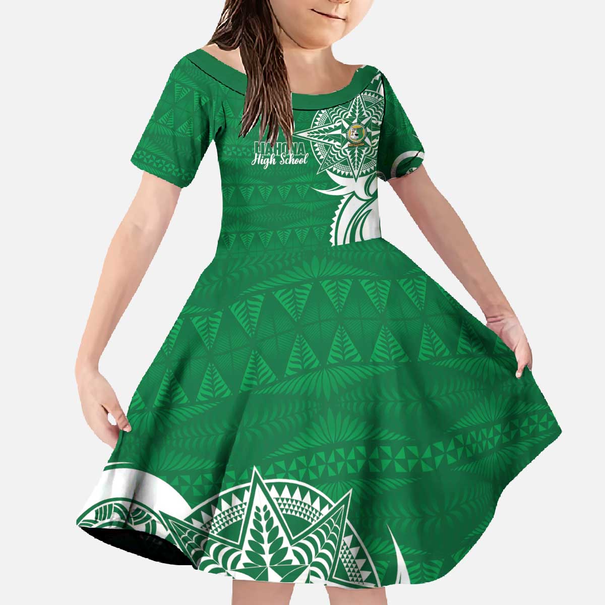 Personalised Liahona - Saineha High School Family Matching Off The Shoulder Long Sleeve Dress and Hawaiian Shirt Tongan Ngatu Pattern LT14 Daughter's Dress Green - Polynesian Pride