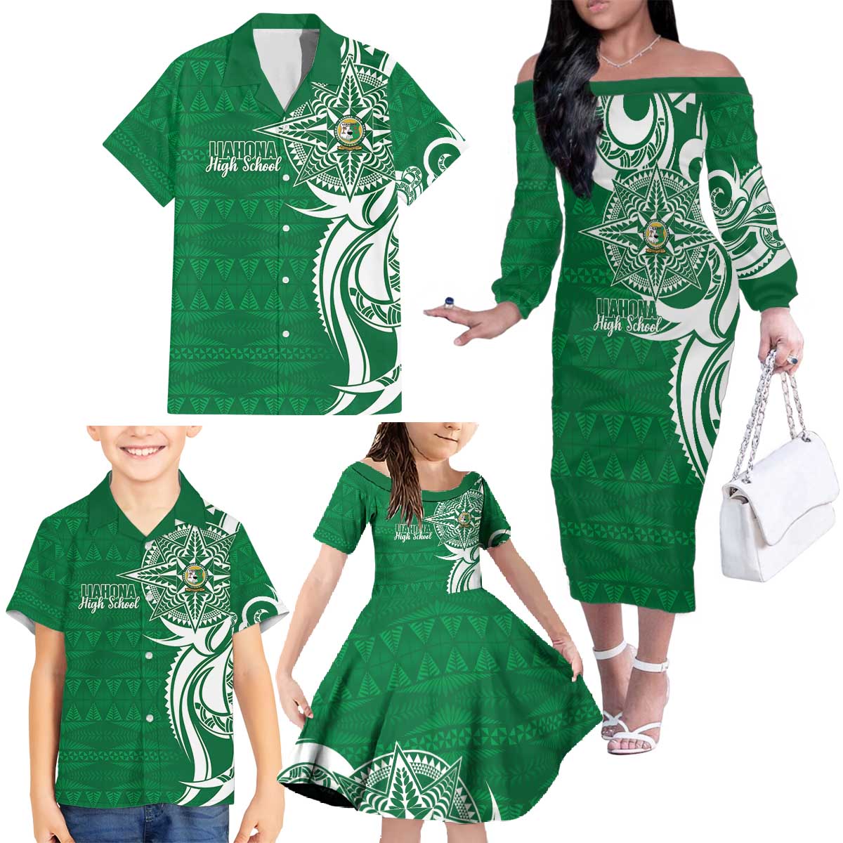 Personalised Liahona - Saineha High School Family Matching Off The Shoulder Long Sleeve Dress and Hawaiian Shirt Tongan Ngatu Pattern LT14 - Polynesian Pride